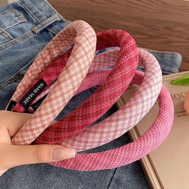 粉色格子發箍女韓式高顱頂壓發洗臉頭箍飾品外出百搭可愛甜美頭飾