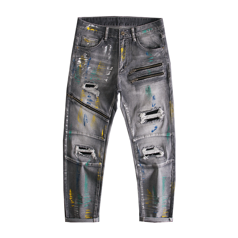 Men's Clothing Ripped, Patched, Graffiti Print Patchwork Jeans, Slim Fit, Stretch, Retro, Splatter Paint, Zipper, American High End Trendy Style._voghion.com