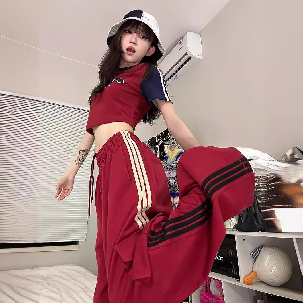 미국식 프라이드 스트리트 스포츠웨어 세트 여성 여름 달콤한 쿨 스파이스 소녀 유행 반팔 워크웨어 와이드 레그 팬츠 캐주얼 투피스 세트