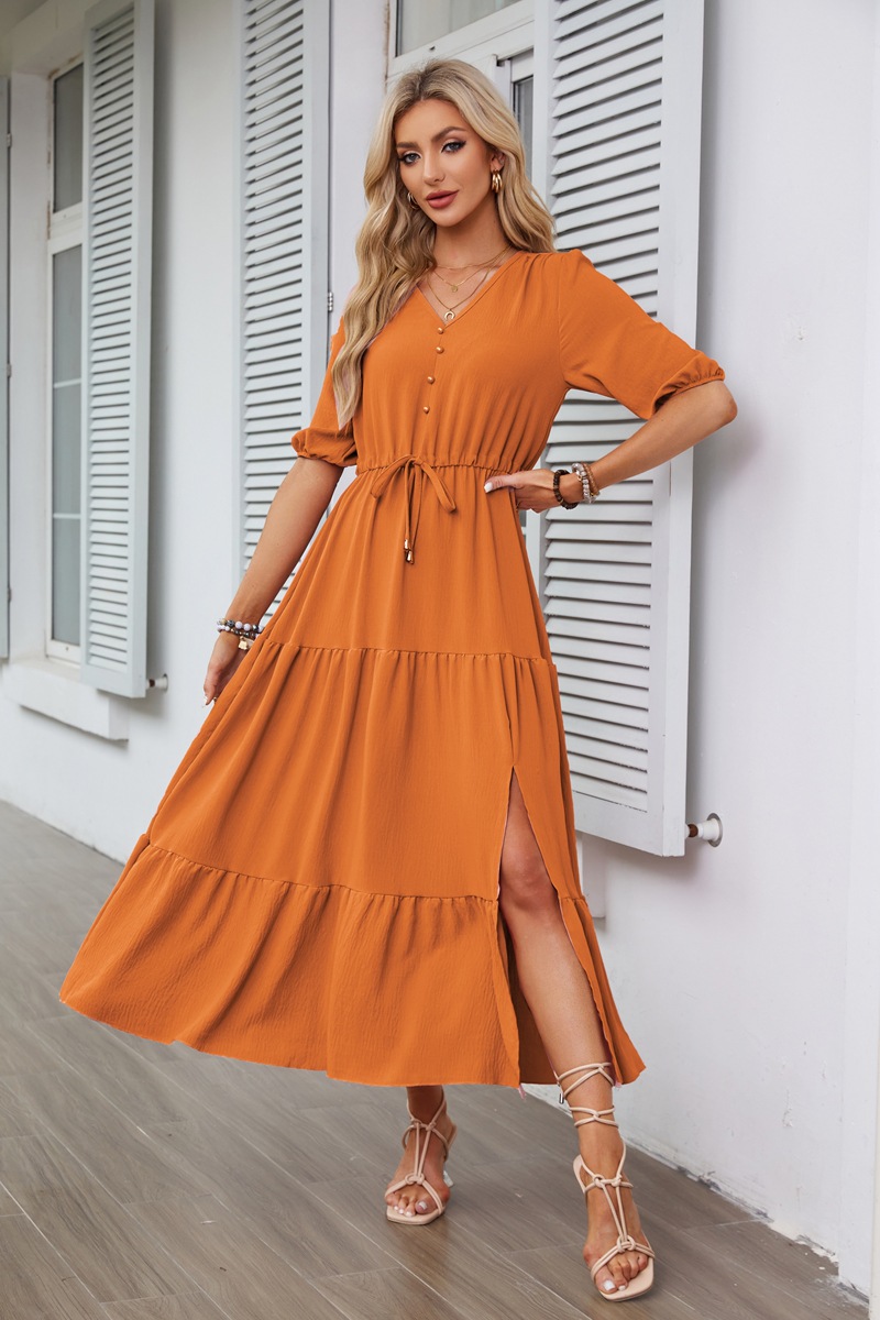 Women's Regular Dress Simple Style V Neck Button Short Sleeve Solid Color Maxi Long Dress Daily display picture 3