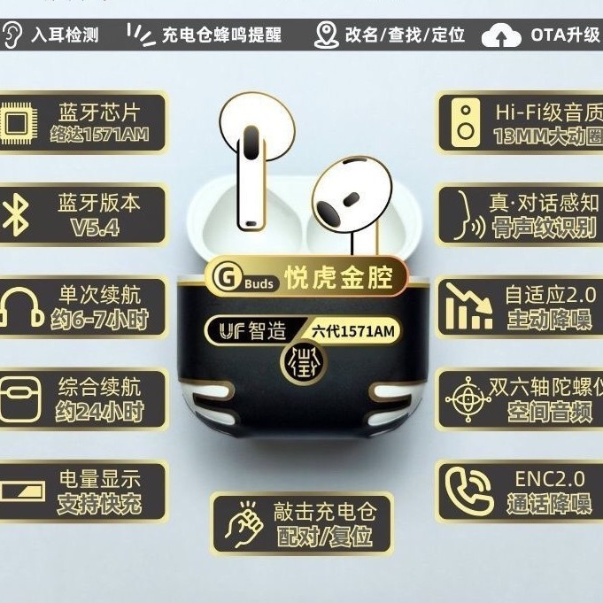 Factory Direct Hair Gold Cavity Sixth Generation 1571Am Yuehu Loda Noise Reduction Wireless Bluetooth Headset Semi-In-Ear Set