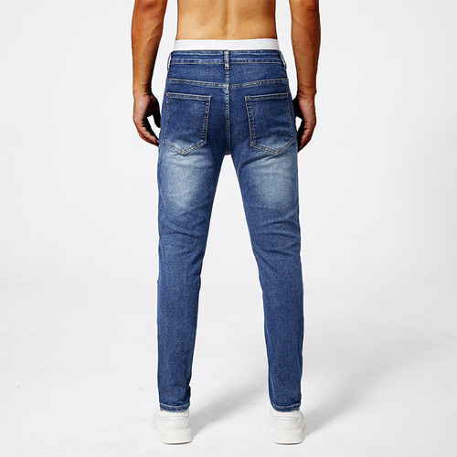 Stylish Men's High-Street Denim Jeans with Patches, Frayed Holes, Elastic Waist, and Slim Fit