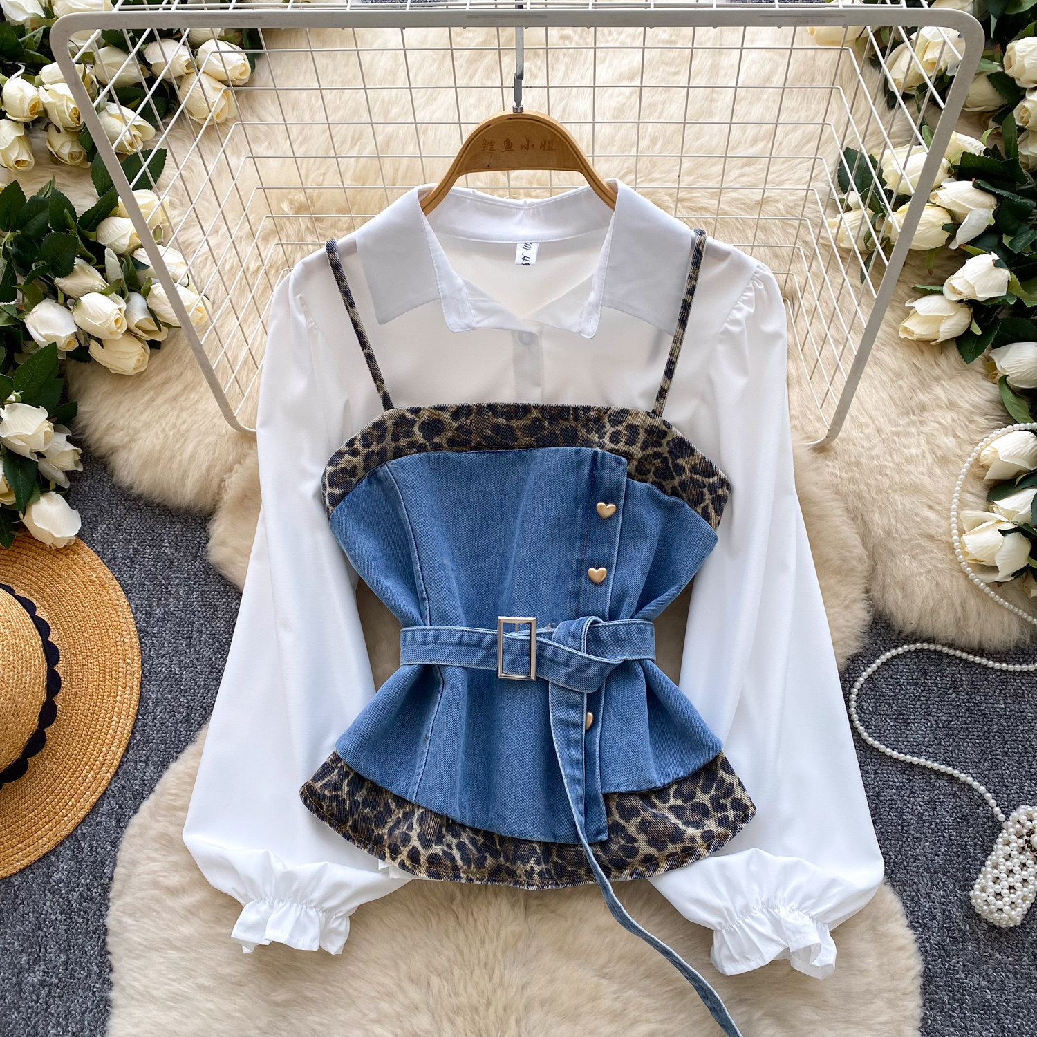French Retro Women's Leopard Print Two-piece Vest Set With Belt_voghion.com