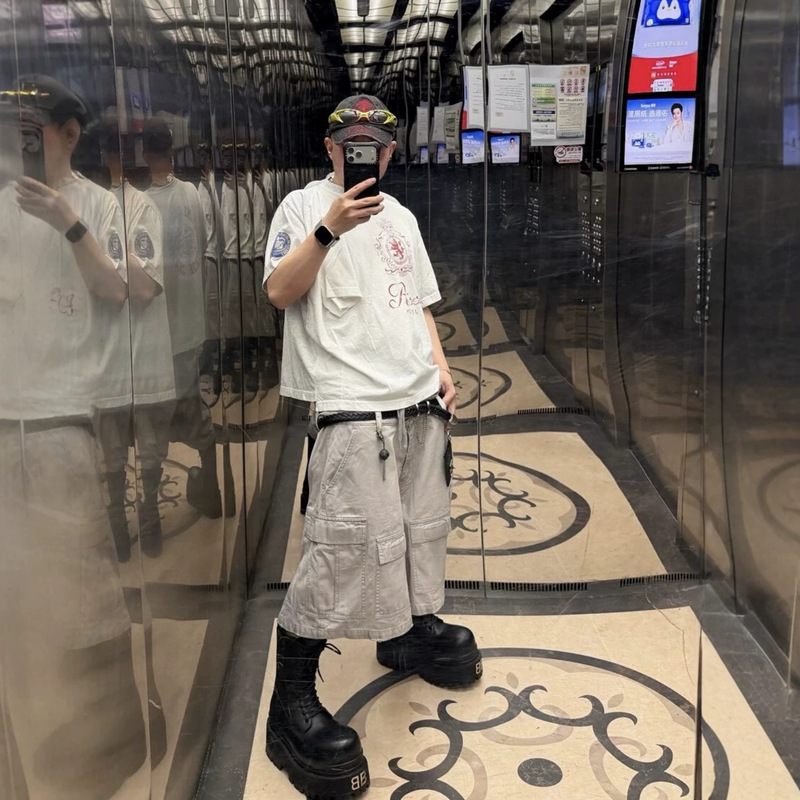 Jimo Grailz 26Ss Summer Heavyweight Double-Sleeve Patchwork Slogan Print Round Neck Short-Sleeve White T-Shirt Ins Style for Men and Women Jimo Grailz 26Ss Summer Heavyweight Double-Sleeve Patchwork Slogan Print Round Neck Short-Sleeve White T-Shirt Ins Style for Men and Women