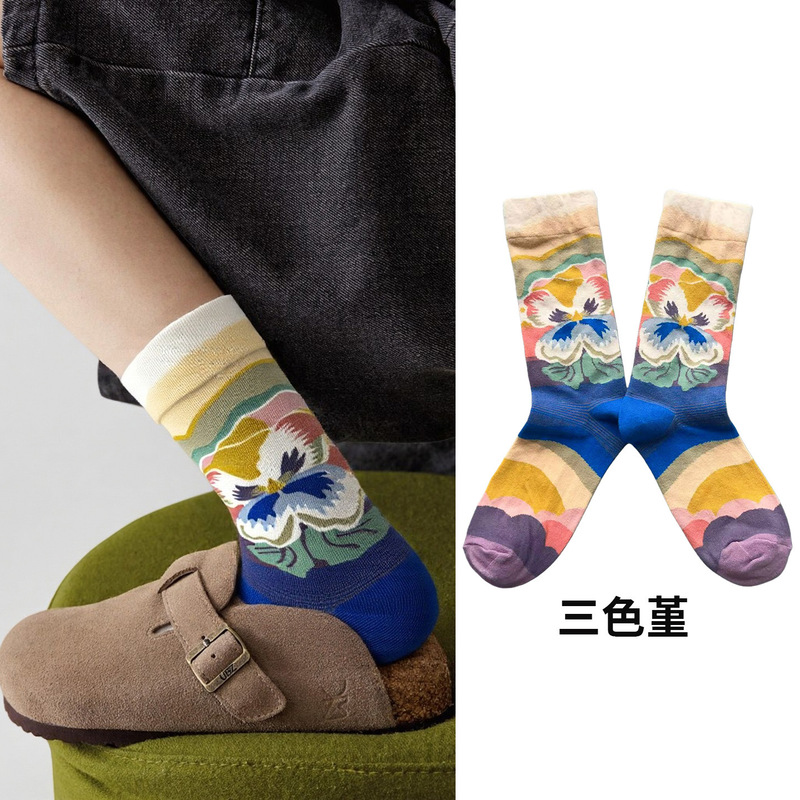 Women's Mid-Calf Retro Ins Socks, French Oil Painting Trendy Socks, Artistic Niche Fashion Brand, Personalized Floral Autumn and Winter Long Socks, Cotton Women's Mid-Calf Retro Ins Socks, French Oil Painting Trendy Socks, Artistic Niche Fashion Brand, Personalized Floral Autumn and Winter Long Socks, Cotton