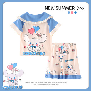 2023 Summer Children's short-sleeved girls' doll collar combed cotton children's cartoon pajamas suit cute homewear