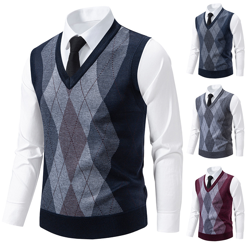 厚款针织马甲男秋冬季加绒韩版宽松V领毛衣背心无袖针织衫坎肩潮