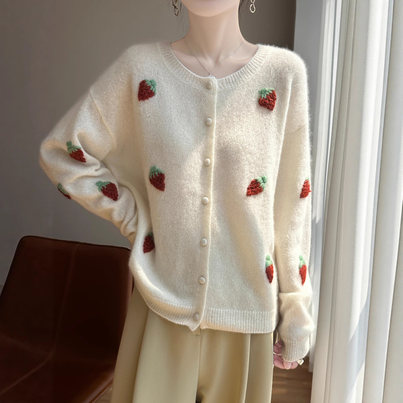 Herbalife Mulberry Silk Cashmere 25 Years Autumn and Winter New Sweet Style Women's Round Neck Knitted Cardigan Long Sleeve Strawberry Top