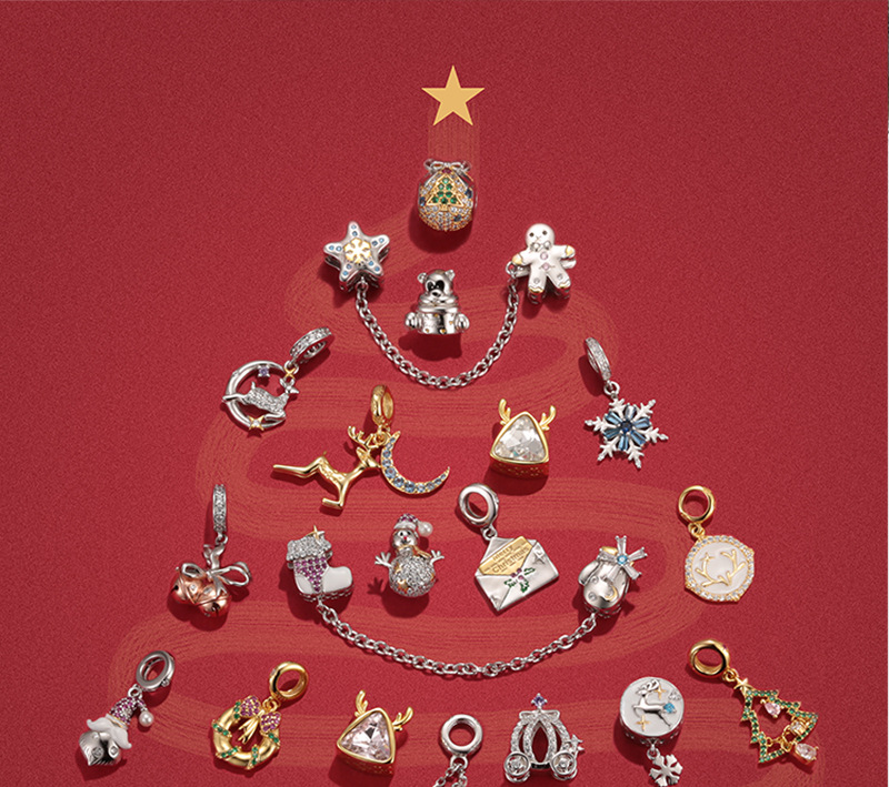 Diy pendant Christmas five-pointed star snowflake & snow cake man protection chain Christmas sterling silver bracelet diy accessories_voghion.com