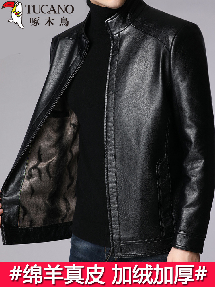 啄木鸟真皮软夹克男秋冬天鹅绒加厚皮夹克男中老年爸爸皮夹克