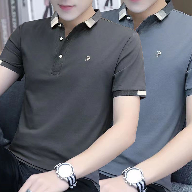 Summer Men's Fashion Simple Stylish Turn-Down Collar Polo Shirt Short Sleeve Trendy Ins Slim Fit Comfortable Solid Color Embroidered T-Shirt