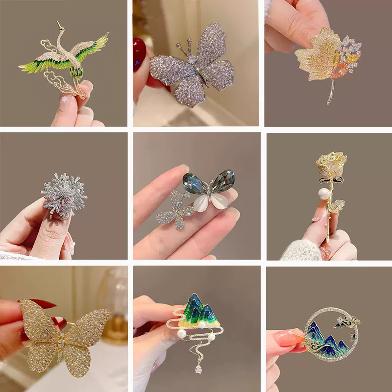 跨境热销镶钻蝴蝶百搭简约胸针花朵防走光别针服装配饰胸花批发