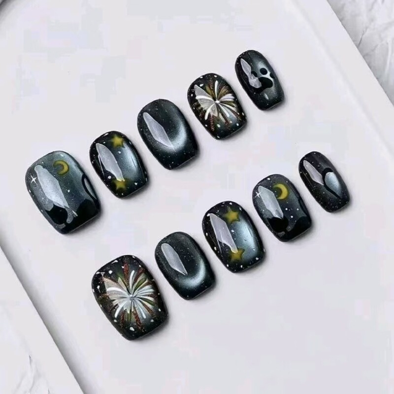 Angel Moon Stars Galaxy Short Square Dark Cat Eye Beauty Fake Nail Stickers Directly from Cross-Border Factory