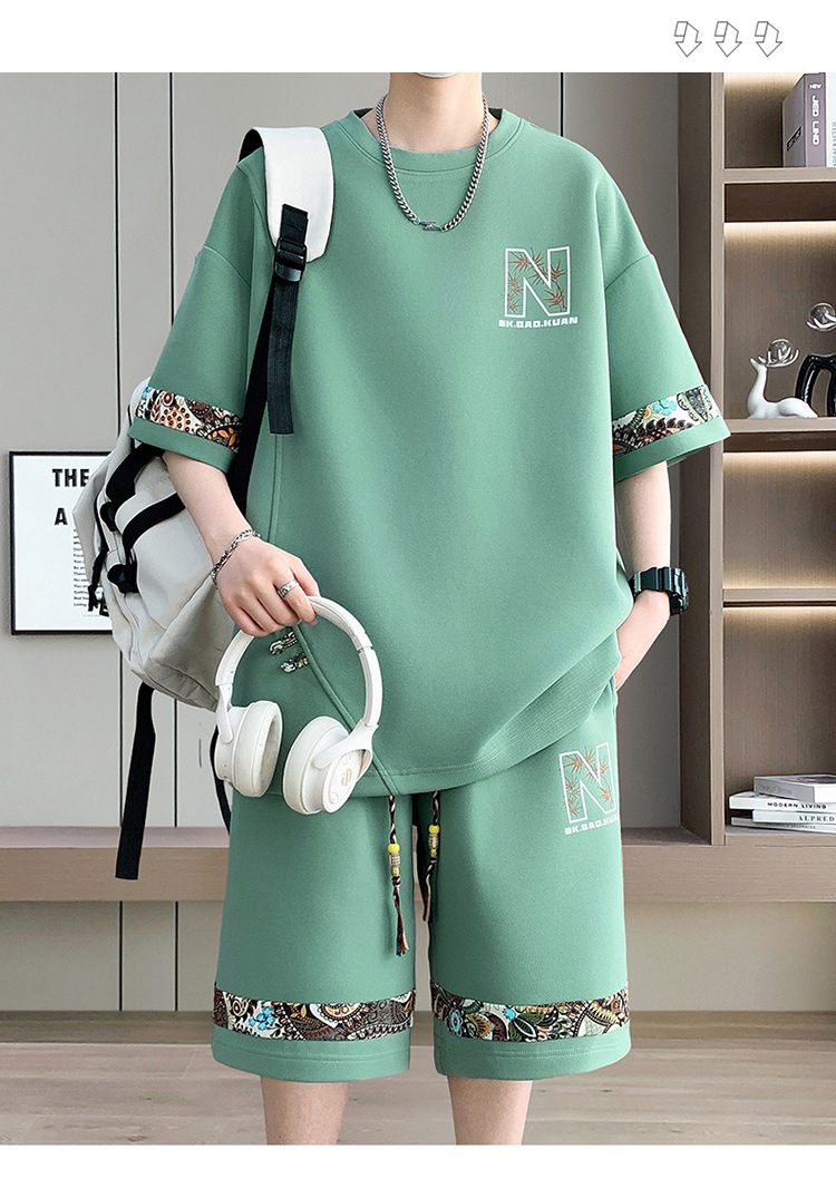 Men's Retro Embroidery Shorts Set - Fashionable Casual Short Sleeve And Shorts Outfit For Teens And Young Adults​_viptrois.com