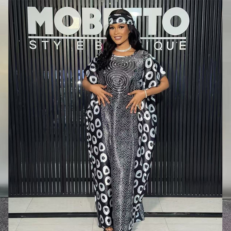 Cross-Border Foreign Trade Patchwork Printed Robe African Amazon Aliexpress Loose Sequined Round Neck Dress Cross-Border Foreign Trade Patchwork Printed Robe African Amazon Aliexpress Loose Sequined Round Neck Dress