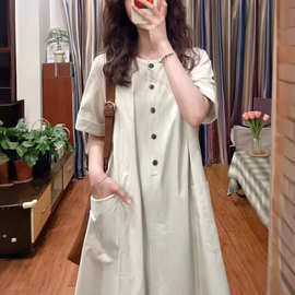 女夏季新款文艺复古日系长裙宽松休闲短袖连衣裙小个子慵懒风