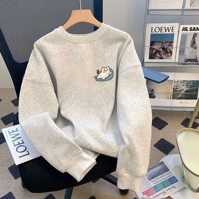 Sweatshirt Loose Jacket Cotton Round Neck Pullover Fleece-Lined Autumn and Winter Warm Youth Top Junior High School Boys' Clothing