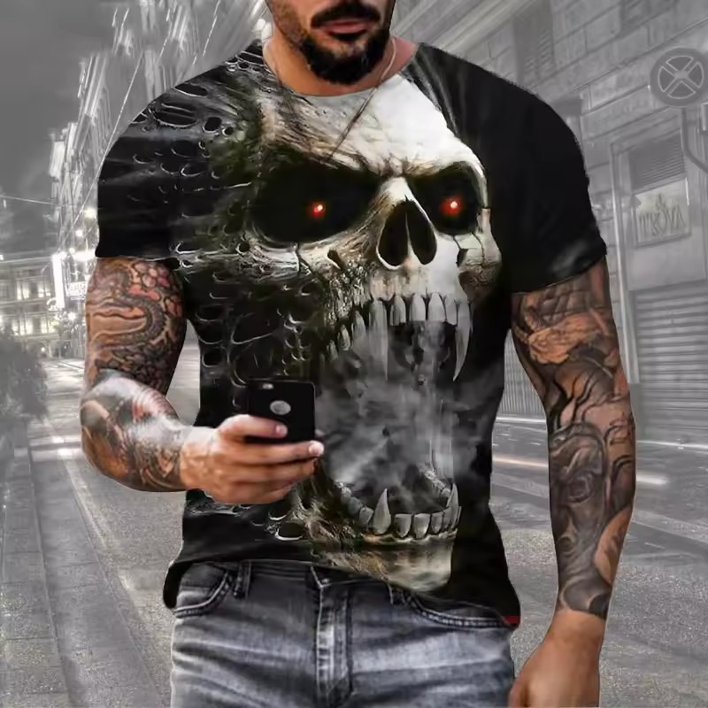 Thriller Hell Skeleton 3D Print Camiseta de cuello redondo de manga corta transpirable de malla suelta de verano para hombre