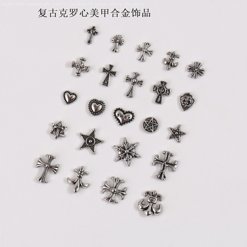 Cross-Border Popular Nail Art Accessories, Dark Style Chrome Hearts Retro Cross Punk Style Alloy Diamond Decorations, Wholesale from Manufacturer