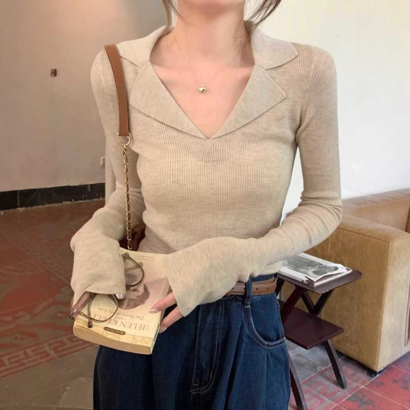 Women's Foreign Trade Ribbed Polo Collar Knit Sweater, Spring and Autumn V-Neck French Style Long-Sleeve Base Shirt Top
