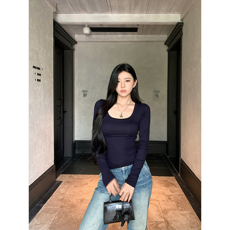 方领露锁骨长袖t恤女春秋季2025新款修身紧身内搭低领打底衫上衣|undefined
