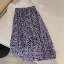 铺满紫色小花自制2024夏新款高档雪纺小碎花中长款A字半身裙显瘦