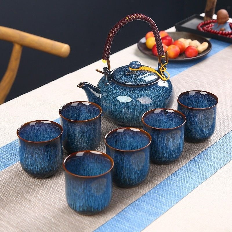 horno de alambre de dibujo de cerámica conjunto de tetera de té de siete cabezas tetera de viga doméstica sala de estar kung fu tetera de té de gran capacidad