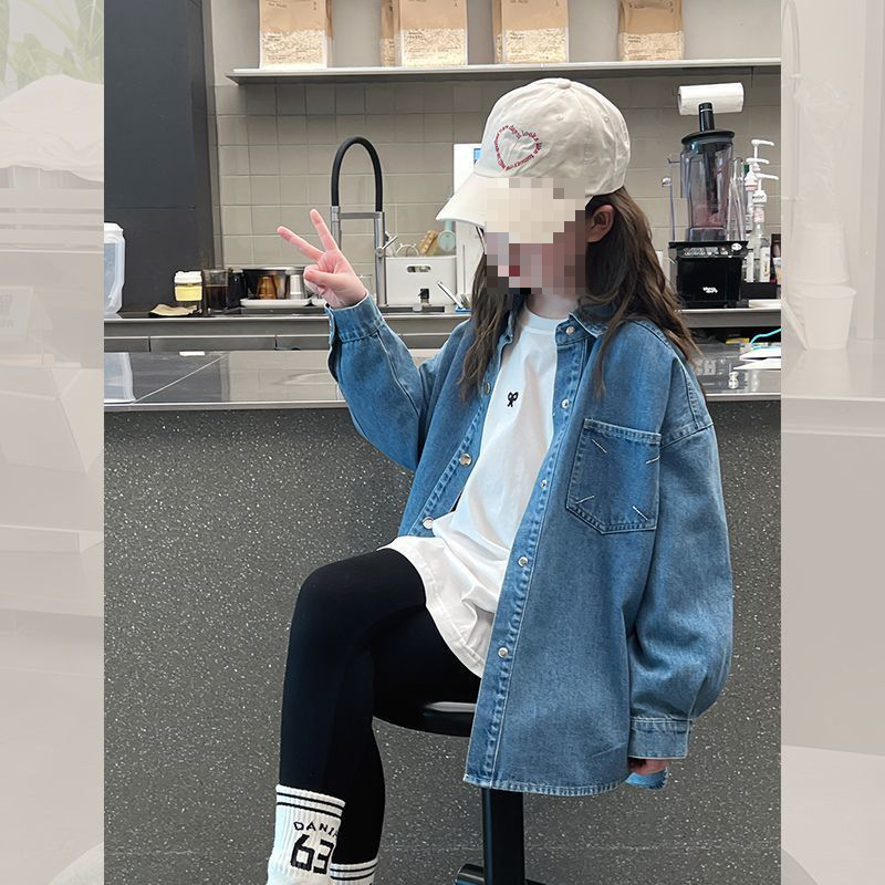 女の子デニムシャツ、韓国風女の子シャツ、子供ジャケット、カーディガン、大きい子供服、2025春秋の新スタイル|undefined
