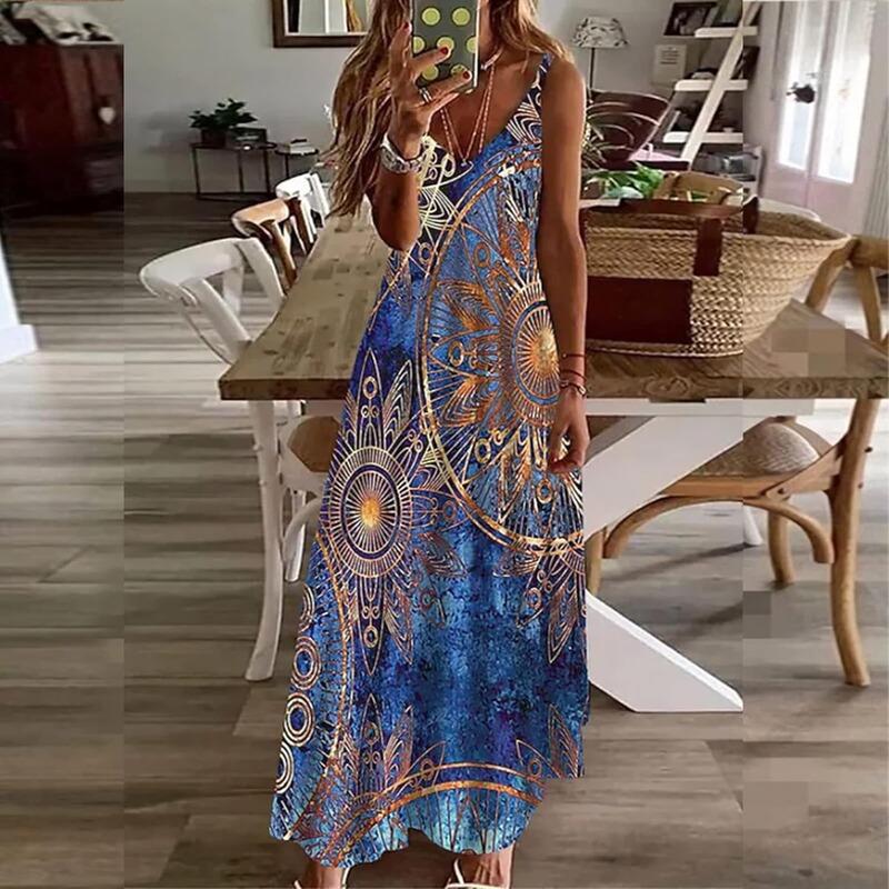 Women's Summer Spaghetti Strap Elegant Long Dress Plus Size Vacation Flowy Beach Dress Loose Floor-Length Dress