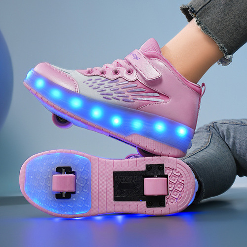 Children's Running Shoes with Four-Wheeled Transforming Roller Skates for Boys, Dual-Wheel Invisible Roller Skates, Purple and White Ice Skates for Wholesale