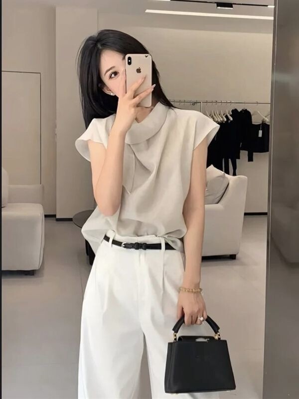 Chiffon Shirt for Women, Summer Thin Style, 2026 New Design, Niche Style, Ruched Collar, Ribbon Top, High-End Women's Fashion Chiffon Shirt for Women, Summer Thin Style, 2026 New Design, Niche Style, Ruched Collar, Ribbon Top, High-End Women's Fashion