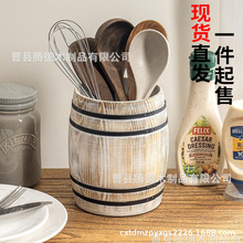现货代发木制餐具收纳盒酒桶造型木制餐具盒厨房台面餐具存储盒
