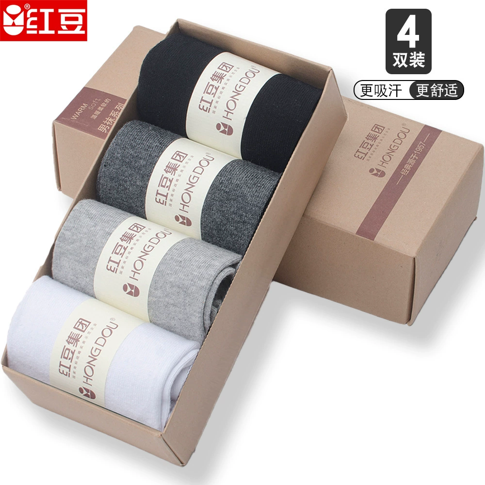 Мужские хлопковые носки с красной фасолью, дышащие носки до середины икры, четыре пары в штучной упаковке, впитывающие пот, дышащие, удобные, прочные