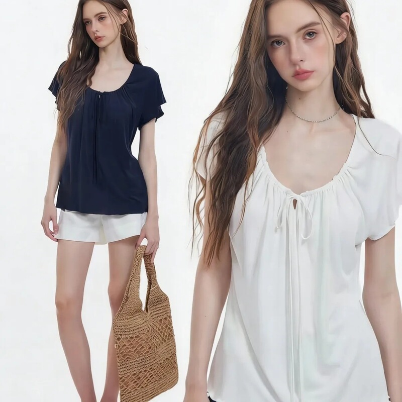 Women's T-Shirt European and American Style Trendy Relaxed Vacation Ruched Tie Slimming Short-Sleeve T-Shirt Korean Style Top for Women Women's T-Shirt European and American Style Trendy Relaxed Vacation Ruched Tie Slimming Short-Sleeve T-Shirt Korean Style Top for Women