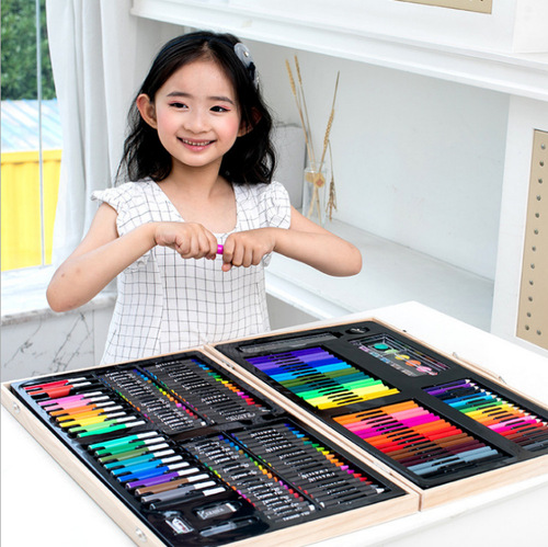 Children's Day 180-pc Wooden Box Set, Brush Set, Watercolor Pens, Gift Box Art Supplies Office Crayons Oil Pastels