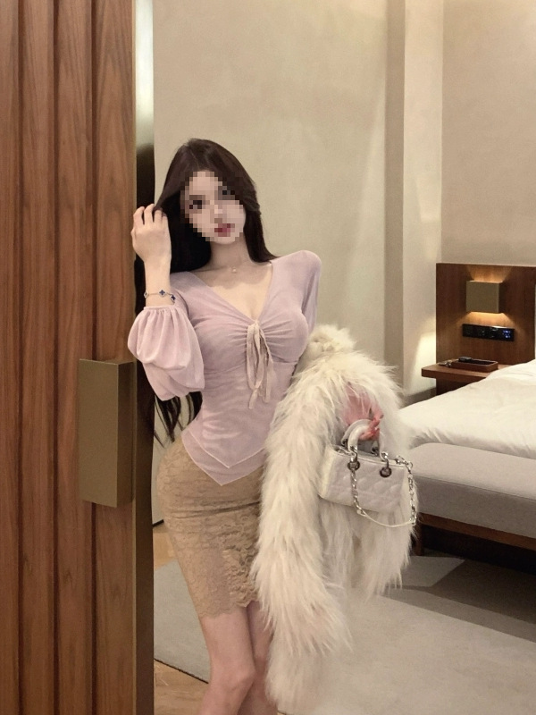 [Double-Layer Mesh] Irregular Lace-Up Long-Sleeved T-Shirt Women's Autum Hip-Hugging Lace Skirt Two-Piece Short Skirt