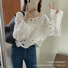 别致镂空独特高级仙女蕾丝绝美新款薄款感小女装香风白色衬衫上衣