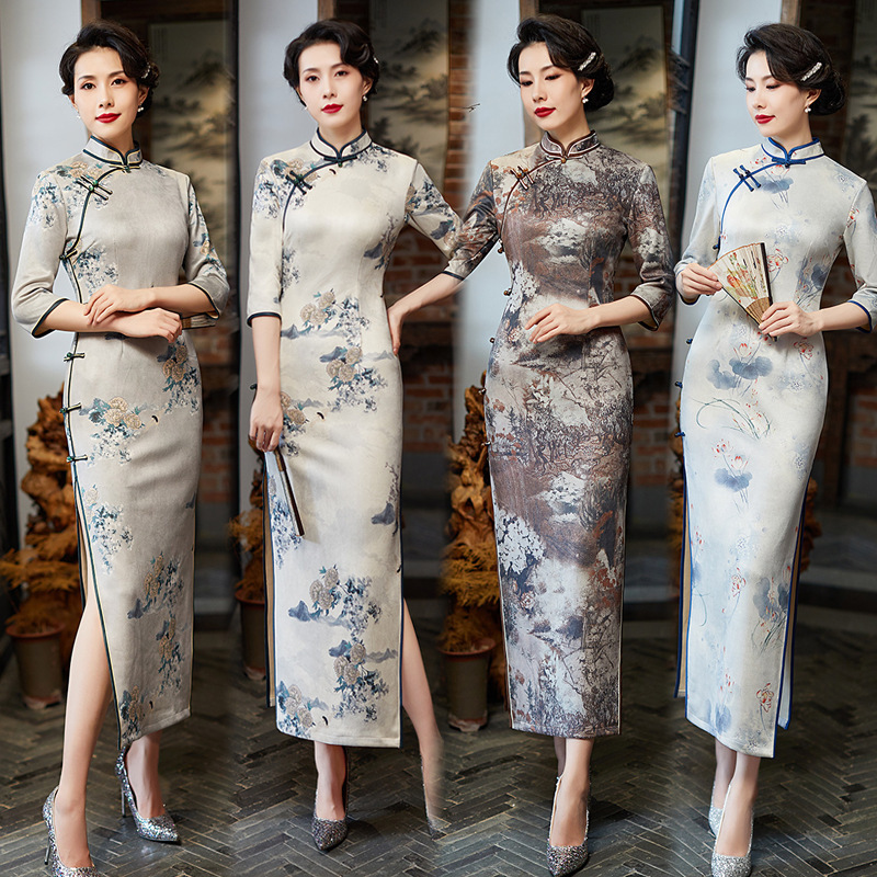 Chinese dresses oriental qipao Suede Cheongsam for women Retro Long ...