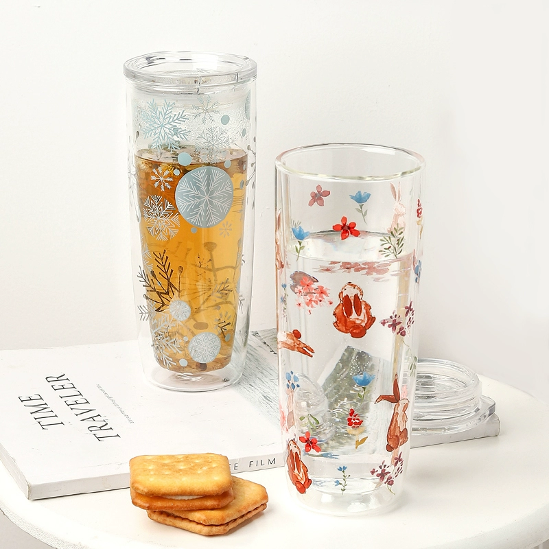 Aiwu Green маленькая свежая двухслойная стеклянная чашка для воды, бытовая креативная простая термостойкая чашка для чая большой емкости с крышкой