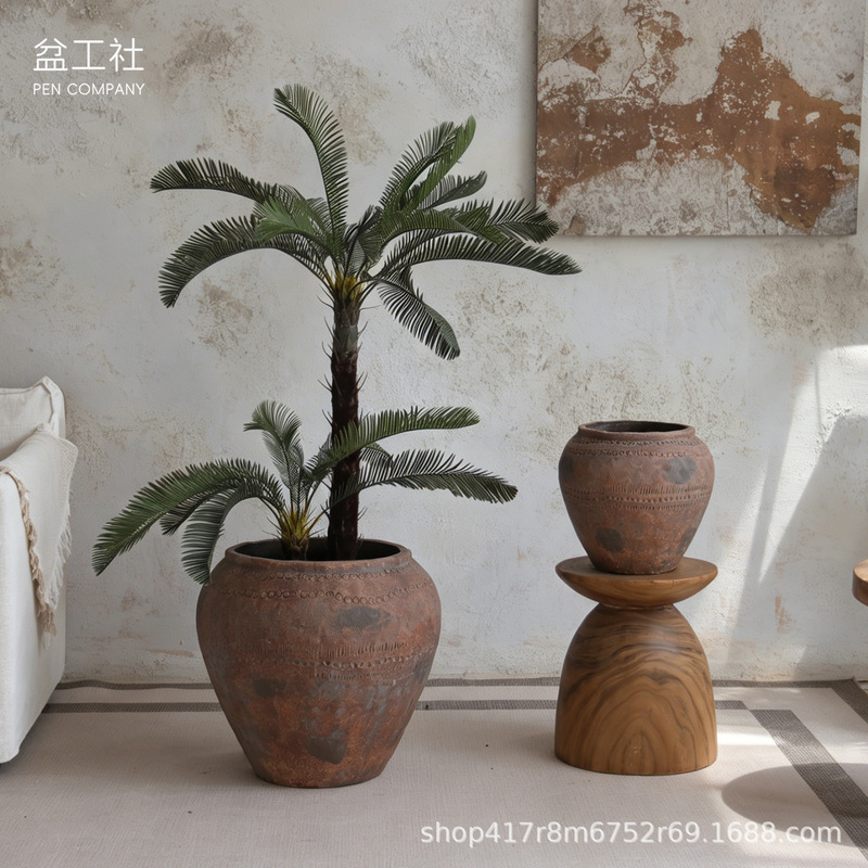 Southern French Vintage Cement Relief Flower Pot, Distressed Coarse Pottery, Breathable Wabi-Sabi Style, Homestay Green Plant Decoration, Floor-Standing Ceramic Vase