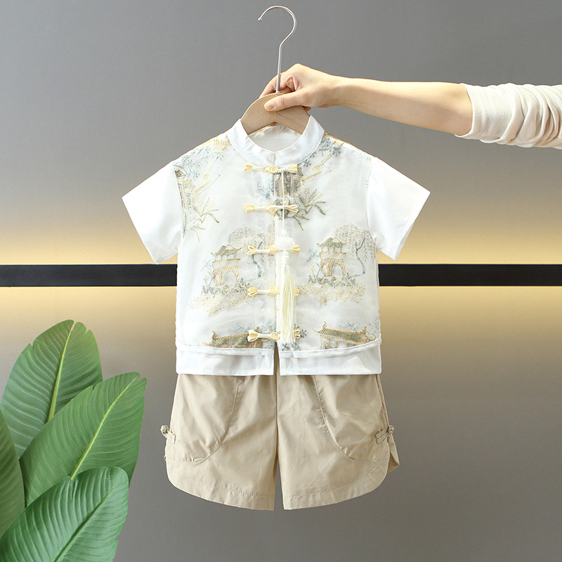 7863 traje de Hanfu de verano para niños 2025 ropa de verano de dos piezas de manga corta de estilo chino nuevo para niños