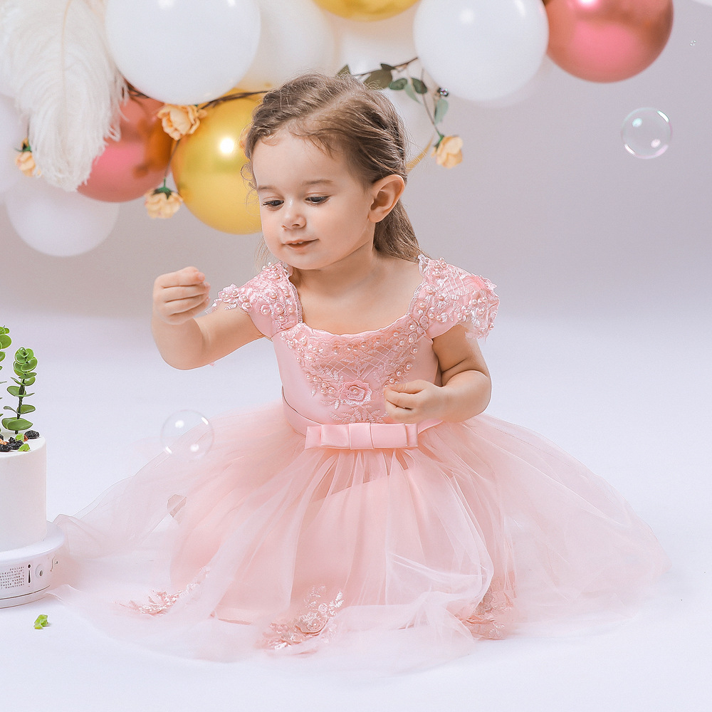 2024 European and American Girls One Year Old Dress Pearl Decal Princess Dress off-shoulder Baby Wedding Princess Dress