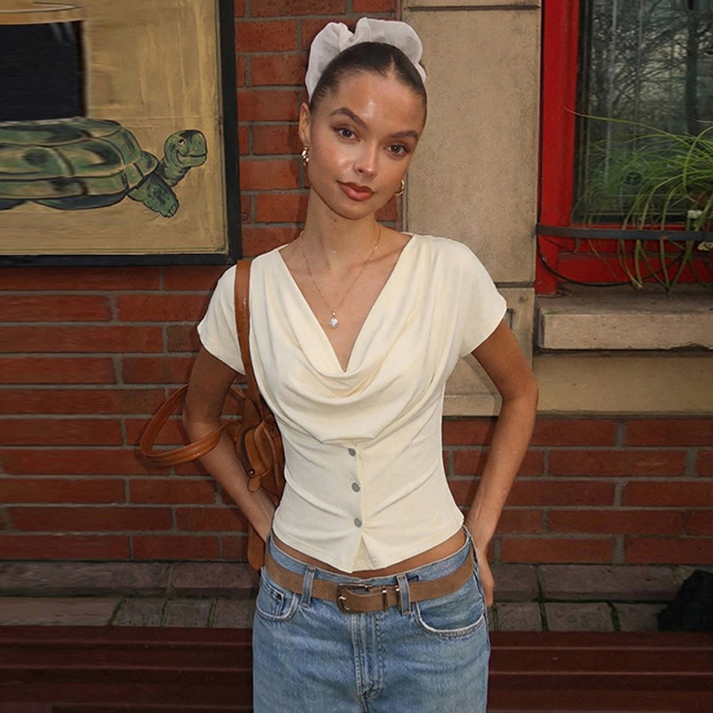Women's Clothing American Style Slim Fit Short Sleeve T-Shirt Niche Oval Neck Fashion Hot Girl Top New_ecoleips.com
