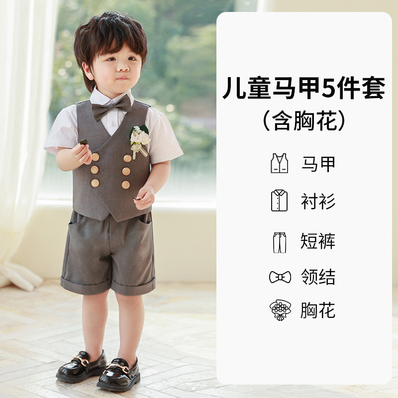 Traje de niño, chaleco, traje de manga corta, traje de actuación de estilo británico de verano, vestido de cumpleaños de bebé, niña de las flores