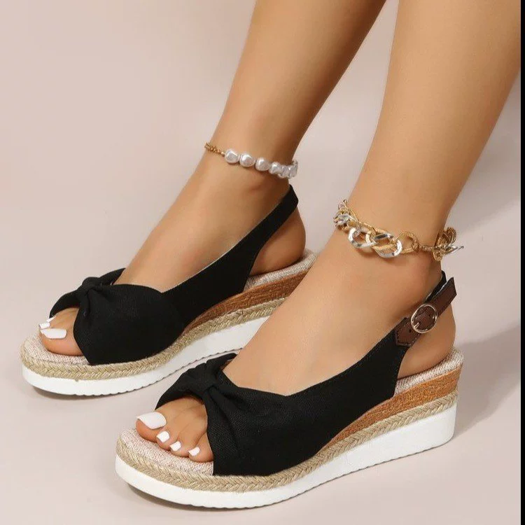 2023 летняя Внешняя торговля Новые сандалии Большие размеры Внешняя торговля пеньковая веревка с бантом на танкетке повседневные сандалии женская обувь оптом