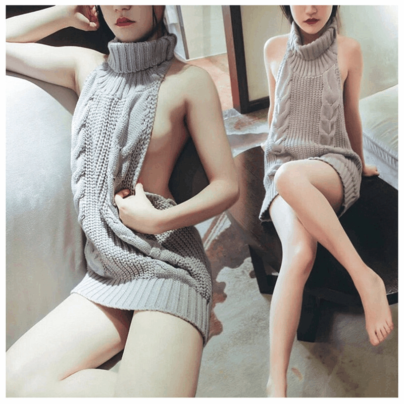 Virgo killer sweater spring new sexy Japanese mid-length backless sleeveless lace-up knit skirt seven three