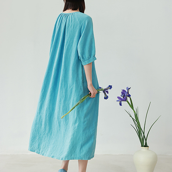 2026 New Salt-Shrunk Sand-Washed Fluffy High-Density Hemp Garment-Dyed Moroccan Blue Cool Dress T22-102