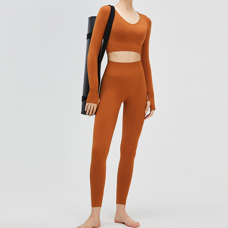 Europea y americana con cuello en V sexy yoga traje melocotón cadera levantamiento ejercicio traje de las mujeres del mismo color fitness al aire libre conjunto de dos piezas