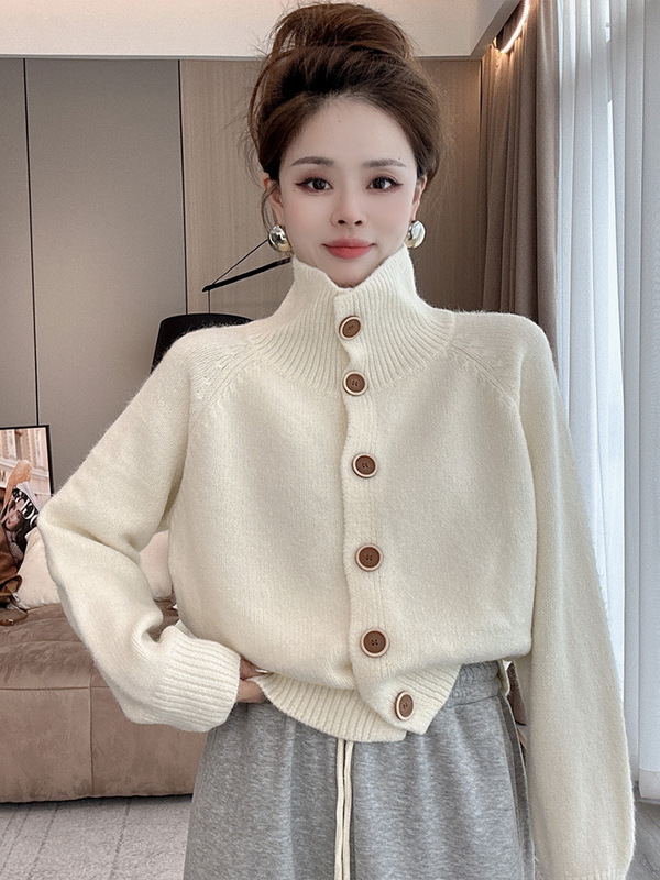 欧货慵懒风爆款针织毛衣开衫外套女秋冬2025新款粉色漂亮立领上衣|undefined