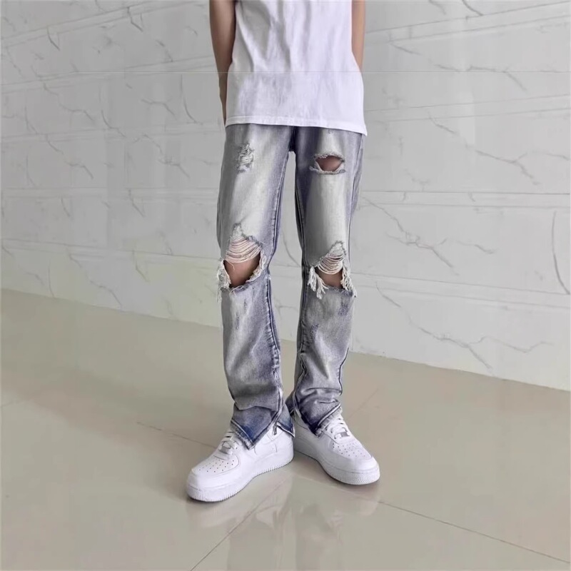American Street Style Washed Distressed Ripped Jeans for Men, Spring and Autumn Straight Loose Fit, European and American High Street Style Long Pants American Street Style Washed Distressed Ripped Jeans for Men, Spring and Autumn Straight Loose Fit, European and American High Street Style Long Pants